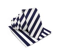 Vittorio Farina Striped Necktie & Pocket Square - Matching Mens Ties Set - Men's Fashion Accessories for Any Occasion, Navy Blue & White (16), One Size