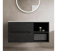Vitusso® 1000mm Bathroom Vanity Unit White Marble Countertop Wall Hung Drawer Unit with Shelves Storage Furniture Black, No Basin RH Shelves