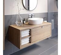 Vitusso® 1100mm Bathroom Vanity Unit Countertop Basin Sink Wall Hung Drawer Unit with Shelves Storage Oak Wood, St Tropez White Basin LH Shelves