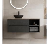 Vitusso Fluted Black & Oak Wall Hung Bathroom Vanity Unit with Oval Basin, Black 1200mm