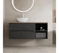 Vitusso Fluted Black & Oak Wall Hung Bathroom Vanity Unit with Oval Basin, White 1200mm