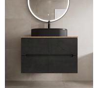 Vitusso Fluted Black & Oak Wall Hung Bathroom Vanity Unit with Oval Fluted Basin, Black 800mm