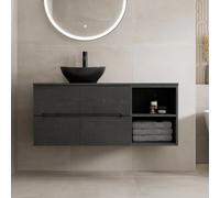 Vitusso Fluted Black Wall Hung Bathroom Vanity Unit with Oval Basin, Black 1200mm