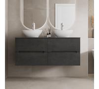 Vitusso Fluted Black Wall Hung Double Countertop Vanity Unit with Oval Basins, White 1200mm