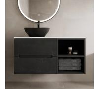 Vitusso Fluted Black & White Wall Hung Bathroom Vanity Unit with Oval Basin, Black 1000mm