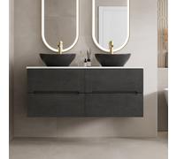 Vitusso Fluted Black & White Wall Hung Double Countertop Vanity Unit with Oval Basins, Black 1200mm