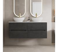 Vitusso Fluted Black & White Wall Hung Double Countertop Vanity Unit with Oval Basins, White 1200mm