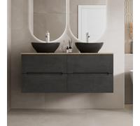 Vitusso Fluted Black & Wood Wall Hung Double Countertop Vanity Unit with Oval Basins, Black 1200mm
