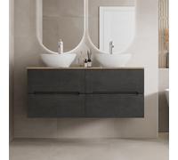 Vitusso Fluted Black & Wood Wall Hung Double Countertop Vanity Unit with Oval Basins, White 1200mm