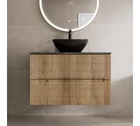 Vitusso Fluted Wood & Grey Wall Hung Bathroom Vanity Unit with Oval Basin, Black 800mm