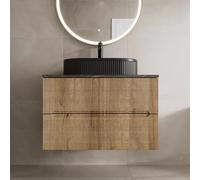 Vitusso Fluted Wood & Grey Wall Hung Bathroom Vanity Unit with Oval Fluted Basin, Black 800mm