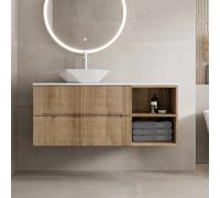 Vitusso Fluted Wood & White Wall Hung Bathroom Vanity Unit with Geometric Basin 1200mm