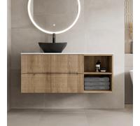 Vitusso Fluted Wood & White Wall Hung Bathroom Vanity Unit with Oval Basin, Black 1200mm