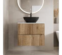 Vitusso Fluted Wood & White Wall Hung Bathroom Vanity Unit with Oval Basin, Black 600mm