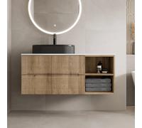 Vitusso Fluted Wood & White Wall Hung Bathroom Vanity Unit with Oval Fluted Basin, Black 1200mm