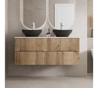Vitusso Fluted Wood & White Wall Hung Double Countertop Vanity Unit with Oval Basins, Black 1200mm