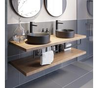 Vitusso Garda Wood Wall Hung Double Countertop Basin Shelves & Lyon Black Basins - 1100mm
