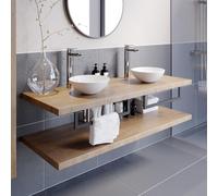 Vitusso Garda Wood Wall Hung Double Countertop Basin Shelves & Morlaix White Basins - 1100mm