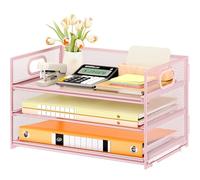 VITVITI 3 Tier Paper Desk Organizer with Handle and 1 Pcs Slideable Letter Tray, A4 Paper File Folder Sorter Metal Mesh Organizer for Home Office School Desk Supplies Organization Storage - Pink