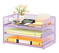 VITVITI 3 Tier Paper Desk Organizer with Handle and 1 Pcs Slideable Letter Tray, A4 Paper File Folder Sorter Metal Mesh Organizer for Home Office School Desk Supplies Organization Storage - Purple