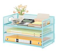 VITVITI 3 Tier Paper Desk Organizer with Handle and 1 Pcs Slideable Letter Tray, A4 Paper File Folder Sorter Metal Mesh Organizer for Home Office School Desk Supplies Organization Storage - Blue