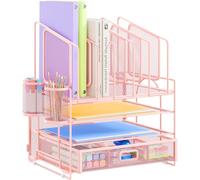 VITVITI 4 in 1 Desk Organiser Tray, 2 Tier Letter Paper Trays, 5 Vertical File Stand, 2 Pen Holders and 1 Drawer for Office Tidy - Pink