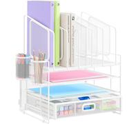 VITVITI 4 in 1 Desk Organiser Tray, 2 Tier Letter Paper Trays, 5 Vertical File Stand, 2 Pen Holders and 1 Drawer for Office Tidy - White