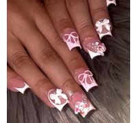 Viugex 24 Pcs False Nails Medium Square, French White Tip Press on Nails with 3D Bow, Acrylic Full Cover Fake Nails Set, Cute Rabbit Glue on Nail, Natural Reusable Stick on Nail for Women and Girls