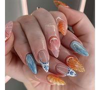 Viugex 24 Pcs French False Nails, Medium Almond Press on Nails 3D Fresh Orange Fake Nails Set, Natural Reusable Glue on Nail, Summer Acrylic Full Cover Gel Stick on Nail for Women Girls DIY Manicure