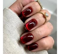 Viugex 24 Pcs Press on Nails Short Square, Red Cat's Eye French False Nails, Acrylic Full Cover Stick on Nail, Glossy Shiny Fake Nails, Reusable Glue on Nail for Women and Girls Daily Wedding Wear