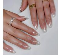 Viugex 24 Pcs White French False Nails, Medium Almond Press on Nails Glossy Nude Pink Fake Nails, Removable Glue on Nail with Adhesive Tabs, Acrylic Full Cover Stick on Nail for Women Girls Manicure