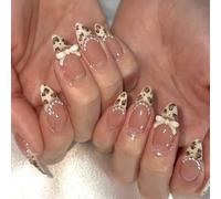 Viugex 24Pcs Almond Medium Press on Nails, Nude Pink French Tip Fake Nail with 3D Bow Pearls Design, Elegant Leopard Print Acrylic Full Cover False Nails, Reusable Stick on Nails for Women and Girls