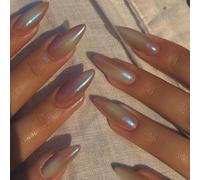 Viugex 24Pcs Almond Press on Nails Medium Long, Colorful Aurora French False Nails, Glossy Soft Gel Fake Nail Artificial Full Cover Glue on Nail, Reusable Stick on Nails for Women Girls Manicure