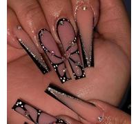 Viugex 24Pcs Black Butterfly Press on Nails, Ballerina Long Coffin False Nails with Shiny Rhinestones, French Pink Gel Fake Nail, Glossy Acrylic Artificial Full Cover Stick on Nails for Women Girls