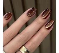 Viugex 24Pcs Brown Cat Eye Press on Nails Short, Solid Color French False Nails, Glossy Acrylic Full Cover Soft Gel Fake Nail, Elegant Removable Stick on Nails for Women Girls Manicure Decorations