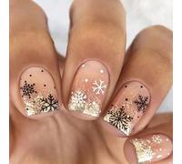 Viugex 24Pcs Christmas False Nails Short Square, Pink French Press on Nails with Black White Snowflakes, Glitter Elegant Acrylic Full Cover Fake Nail, Reusable Stick on Nails for Women Girls