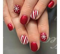 Viugex 24Pcs Christmas French False Nails, Short Oval Press on Nails, Red Artificial Fake Nail with Snowflakes White Stripes Designs, Cute Reusable Acrylic Glossy Full Cover Stick on Nails for Women