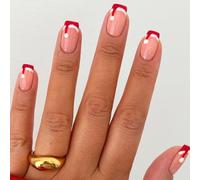 Viugex 24Pcs Christmas French False Nails, Short Square Nude Pink Press on Nails, Acrylic Fake Nail Kit with Glue Stickers, Winter Santa Hat Artificial Full Cover Stick on Nails for Women and Girls