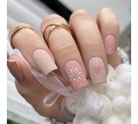 Viugex 24Pcs Christmas French Press on Nails Square Medium, Frosted Pink False Nails with Snowflakes & Love Design, Cute Soft Gel Fake Nail, Reusable Acrylic Full Cover Stick on Nails for Women Girls