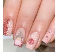 Viugex 24Pcs Christmas Pink Glitter False Nails, Short Square French Press on Nails, Cute Christmas Cane Santa Claus Fake Nail, Festival Acrylic Glossy Full Cover Stick on Nails for Women DIY Manicure