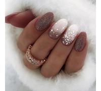 Viugex 24Pcs Christmas Press on Nails Almond Medium, French Gradient Glitter False Nails with Snowflakes & Stars Design, Elegant Acrylic Glitter Fake Nail, Reusable Full Cover Stick on Nails for Women