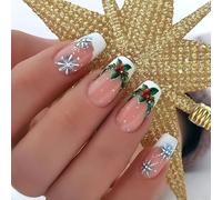 Viugex 24Pcs Christmas Press on Nails Coffin, French White Tip False Nails with Snowflakes Holly Leaves Design, Elegant Nude Pink Acrylic Full Cover Fake Nail, Glossy Reusable Stick on Nails for Women