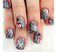 Viugex 24Pcs Christmas Press on Nails, Cute Snowman Snowflakes Fake Nails Short Square, Silver Glitter Acrylic Reusable False Nails, Reusable Natural Stick on Nail for Women Girls Holiday Decoration