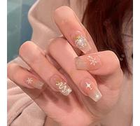 Viugex 24Pcs Christmas Press on Nails Medium Coffin, Transparent Pink Glitter French False Nails, Glossy Fake Nail with Stars Snowflakes Designs, Reusable Acrylic Full Cover Stick on Nails for Women