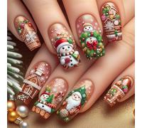 Viugex 24Pcs Christmas Press on Nails, Medium Long Square French False Nails with Snowflake & 3D Relief Snowman Design, Cute Acrylic Full Cover Soft Gel Fake Nail, Reusable Stick on Nails for Women