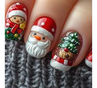 Viugex 24Pcs Christmas Press on Nails Short Square, Cute Santa Claus Gingerbread Man False Nails, Winter Xmas Tree French Glue On Nail, Reusable Handmade Gel Stick on Nail for Women Girls Holiday Wear