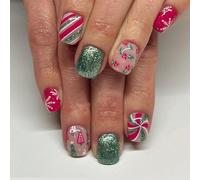 Viugex 24Pcs Christmas Press on Nails Short Square, Glossy Xmas Tree Snowflake Fake Nails, Red Green Stripes French False Nails, Acrylic Full Cover Reusable Stick on Nail for Women and Girls