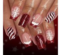 Viugex 24Pcs Christmas Press on Nails Short Square, Red Glitter Stick on Nails with Santa Hat Snowflakes Stripes Designs, Acrylic Full Cover Fake Nails, Nude Pink False Nail for Women Holiday Wear