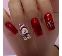 Viugex 24Pcs Christmas Press on Nails Square Medium, French Tips False Nails, Aurora Red Fake Nail with Cute Snowman Pattern, Glossy Reusable Acrylic Full Cover Soft Gel Stick on Nails for Women Girls