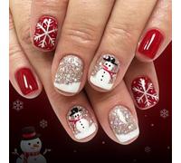 Viugex 24Pcs Christmas Red French Press on Nails, Short Square Silver Glitter False Nails, Cute Snowman Snowflakes Fake Nails, Removable Acrylic Full Cover Red Stick on Nail for Women Holiday Wear